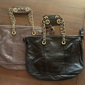 Juicy Couture Black & Grey Leather Tote Bag / Purse with Gold Chain Hardware